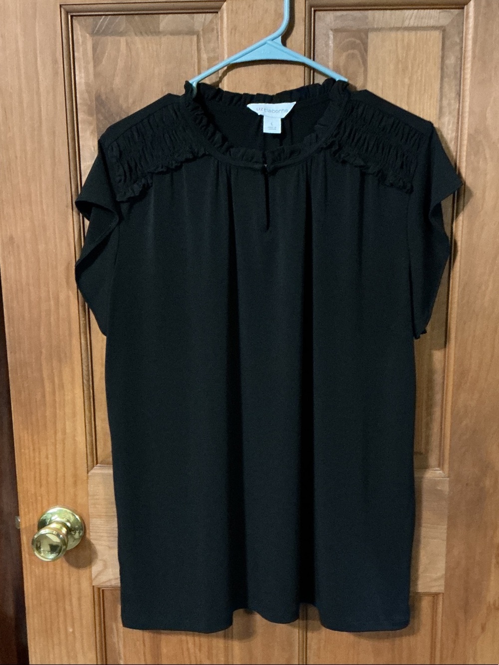 Liz Claiborne Black Ruffle Yoke Short Sleeve Blouse